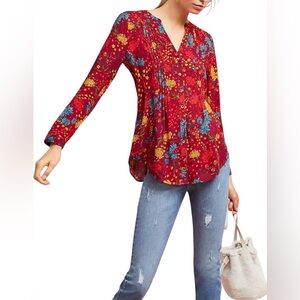 Maeve Anthropologie  Women's Pintucked Blouse Red Size S Floral Prairie Boho